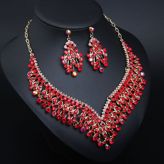 American bridal banquet crystal clavicle necklace earrings set women's dress jewelry