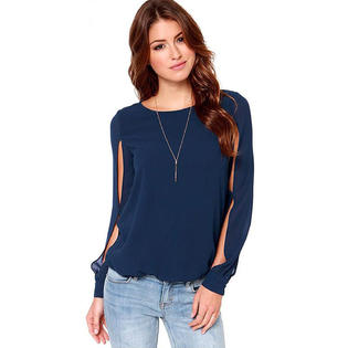 Ketty More Women's Round Neck Stylish long Sleeves Hollow Out Lilac Shirt Navy-JPWSB754
