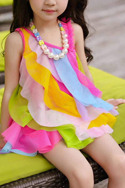 Kids Girls Elegant Multi Layers Sleeveless Rainbow Dress - KGD75273