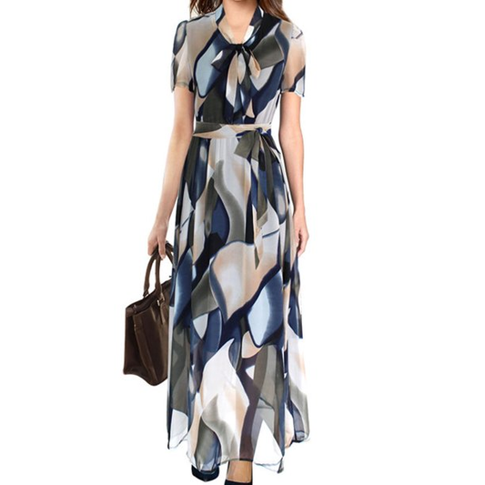 Women Marvelous Printed Pattern Ribbon Neck Short Sleeve Slim Fit Evening Party A-Line Dress-KMWDC2101