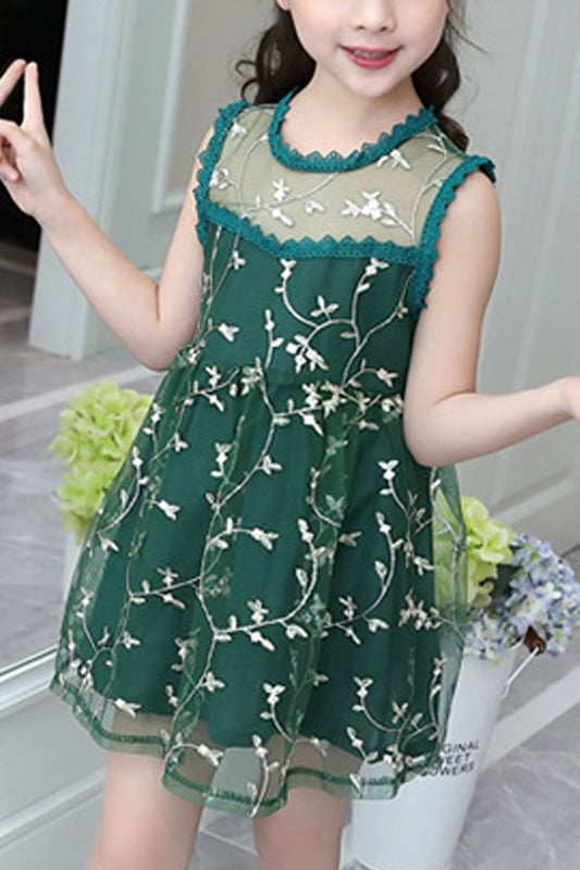 Kids Girls Amazing Floral Embroidery Sleeveless Thin Net Skirt Breathable Dress - KGD102036