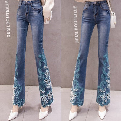 Ketty More Women Flowers Beads Ends Loose Jeans-WJN73939