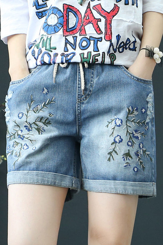 Women Magnificent Embroidered Style Summer Loose Perfect Casual Denim Short-WSH104158