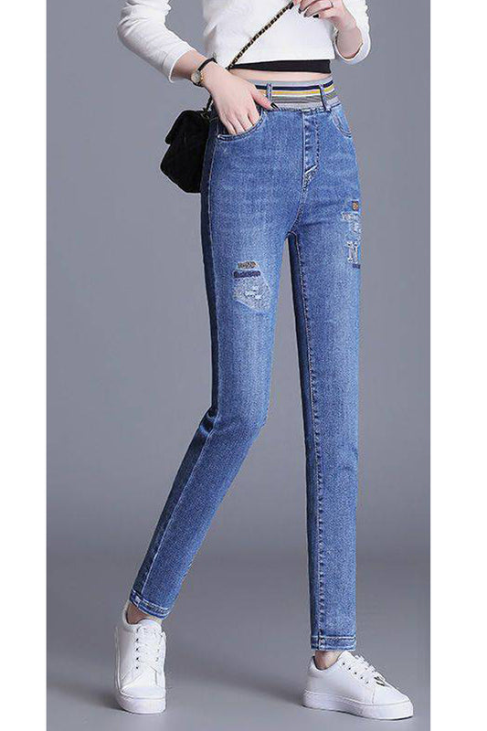 Women Beautiful Embroidered Elasticated High-Waist Summer Relaxed Fit Weekend Denim Jeans-WJN112235