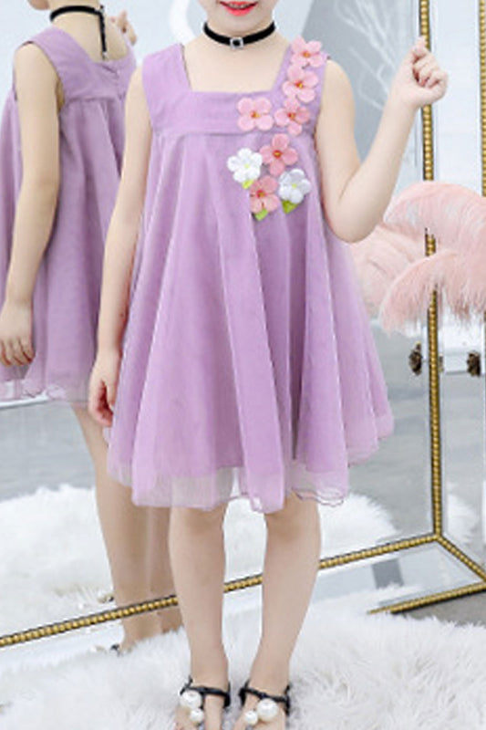 Kids Girls Thin material Soft Small Flower Decorated Bust Square Neck Dress - KGD100919