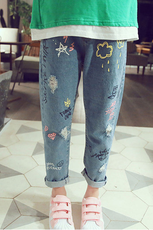 Kids Girls Graffiti Printed Comfortable Ripped Style Jeans - GJNC31426