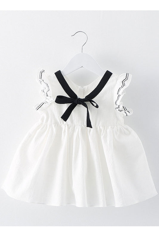 Baby Girls Silk Ribbon Ruffled Shoulder Summer Styled Dress - BTGD69043