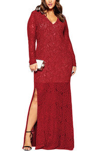 WOMEN LONG GOWN V-NECK LACE LONG SLEEVES RED VINE - KMWD482