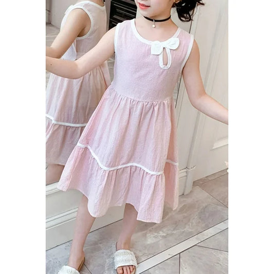 Kids Girls Round Neck Breathable Lightweight Solid Colored Dress - KGD100956