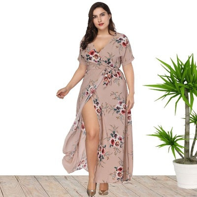 Women Plus Flower Pattern Slit Hem Deep V-Neck Breathable Summer Short Sleeve Dress - C12733