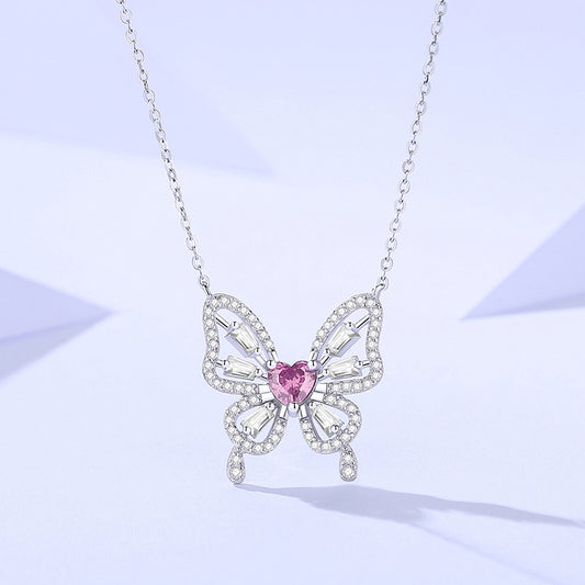 Sterling silver butterfly necklace for women, versatile, high-end, forest-style clavicle chain,