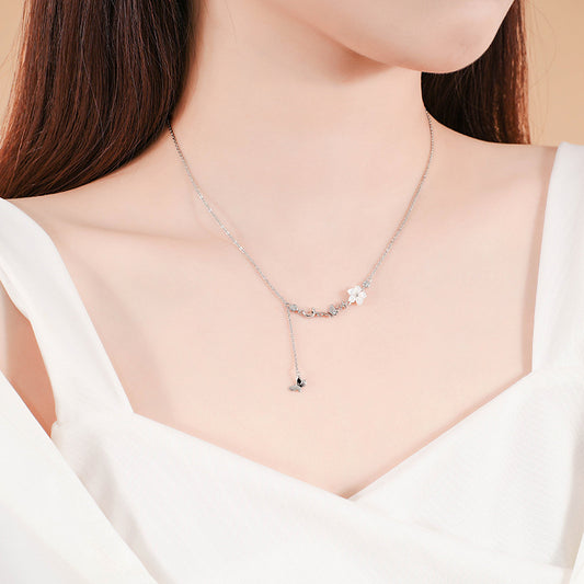 Silver necklace female versatile fairy style white shell flower butterfly tassel clavicle chain