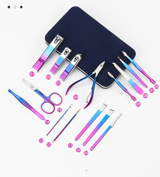 Ready stock nail clipper set colorful gradient stainless steel nail clippers manicure manicure tools nail scissors set complete set