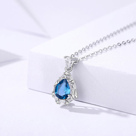 Blue drop-shaped topaz necklace women's s925 sterling silver elegant high-end clavicle chain jewelry