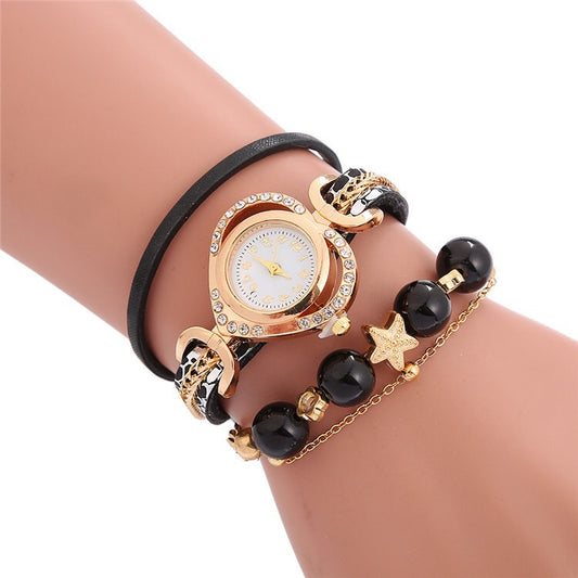 Multi-layered beaded love dial wrapped bracelet watch for women creative decorative ethnic style women's watch