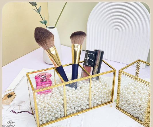 Luxury Cosmetic Storage Box Makeup Brush Bucket with Pearls Lipstick Case Pen Holder Desktop Nail Polish Organizer