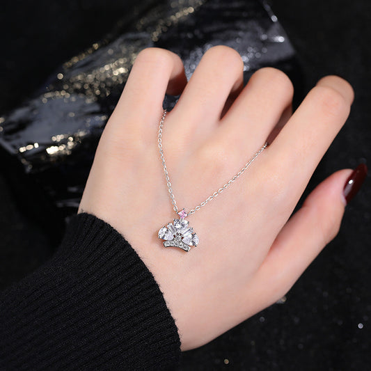 Crown Necklace S925 Sterling Silver Zircon Clavicle Chain Women's Fashion Versatile Light Luxurious Style Pendant Jewelry
