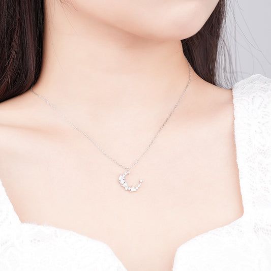 Silver crescent moon necklace female personality versatile micro-inlaid zircon moon pendant jewelry