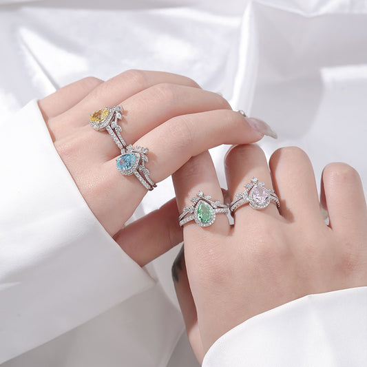 light luxury water drop ice flower cut stone ring  s925 sterling silver micro-paved zircon index finger ring hot sale