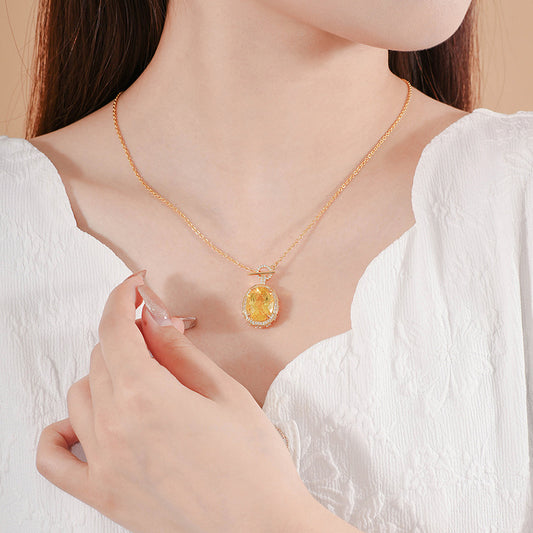 Oval citrine necklace women's s925 sterling silver niche  jewelry high-end clavicle chain