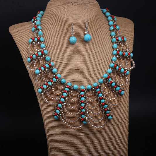 Blue Beads Woven Crystal Jewelry Set Necklace and Earring Fake Collar Retro Women Accessories