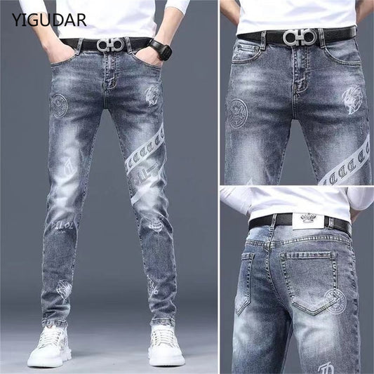 Men's Stretch Denim Print Jeans Slimming Casual Jeans All-match men's Pants - MJN0068