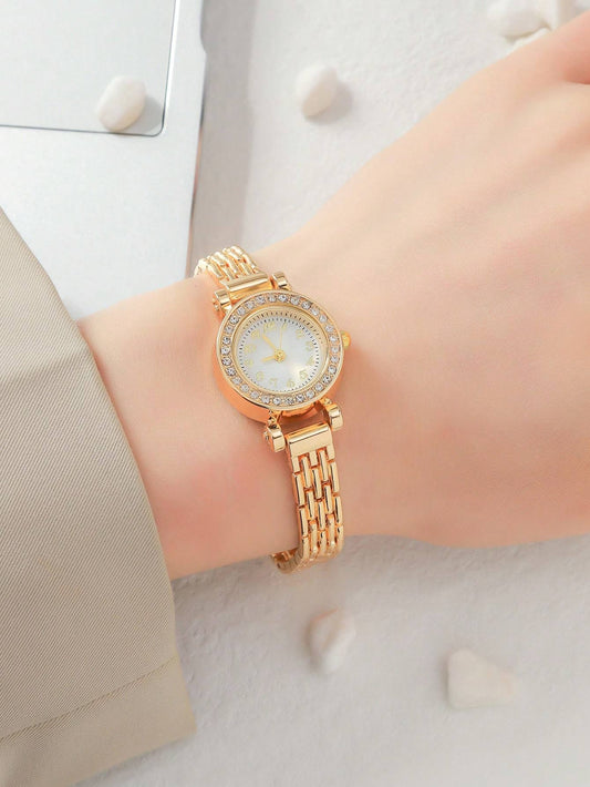 Women Gold Zinc Alloy Strap Glamorous Rhinestone Decor Round Dial Quartz Watch