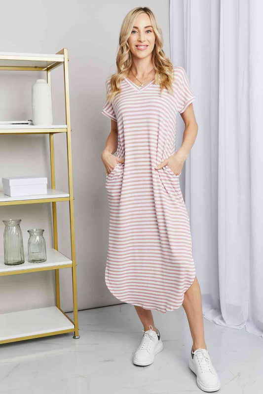 Women's Heimish Full Size Horizontal Stripe Side Slit V-Neck Dress