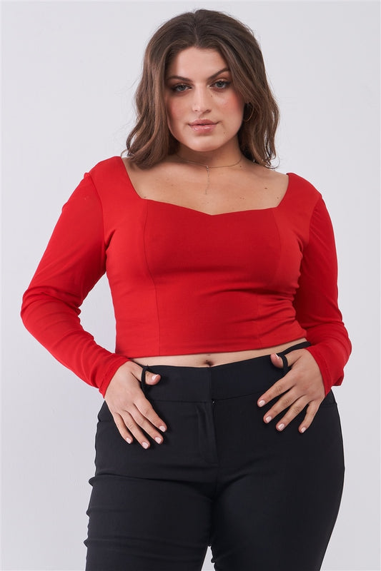 Women's Plus Size Crimson Red Long Mesh Sleeve Sweetheart Neck Detail Structured Crop Top