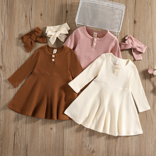 Infant Toddler Kids Baby Girls Dress Soft Knitted Long Sleeve Button Dress - BTGD8514