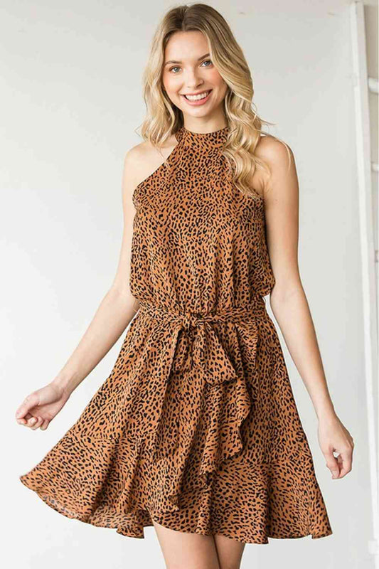 Women's First Love Full Size Leopard Belted Sleeveless Dress