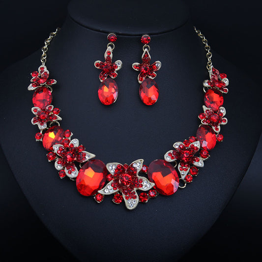 Cross-border popular European and American fashionable crystal gems versatile simple necklace earrings set bridal party