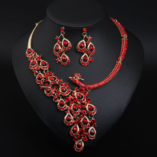 European and American exaggerated ruby peacock necklace earrings set bride wedding female accessories