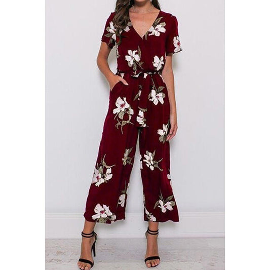 Women Short Sleeve Floral Soft Knit Jumpsuit-C12783TCJ