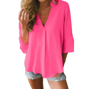 Women Awesome V-Neck Trendy Solid Colored Roll Over Sleeve Stylish Shirt - WSB82216