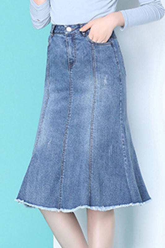 Ketty More Women Convenient Belt Loops Mid Length Breathable Denim Skirt -WSK103497