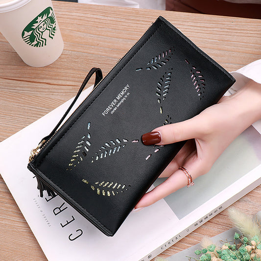 Women Horizontal Zipper Closure Hollow Superb Solid Colored Two Folds PU Casual Wallet - WWA74147