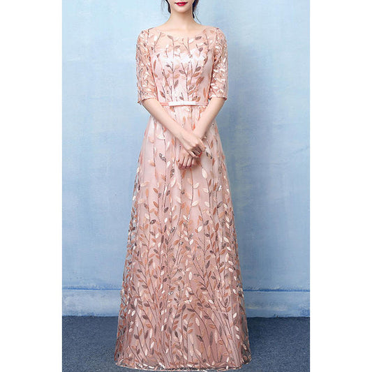 Women Round Neck Sequin Leaves Embroidery Bride Toast Dress -KMWDC3373