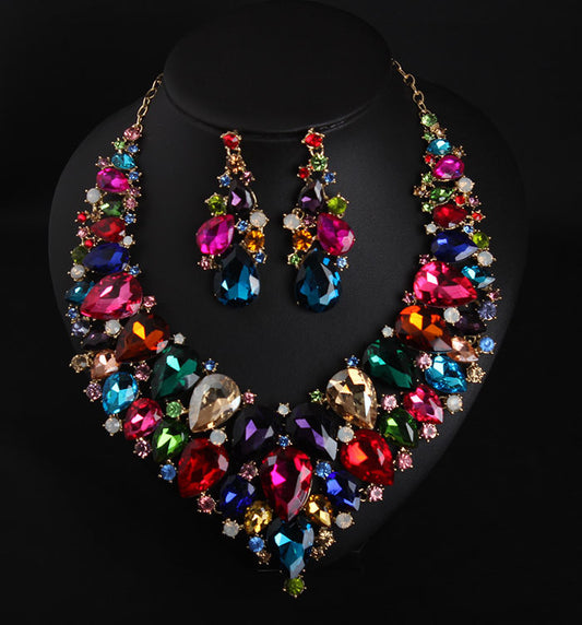 Crystal Rhinestone Necklace Earrings Set for Women Bridal Wedding Party Fashion Statement Choker Bib Jewelry