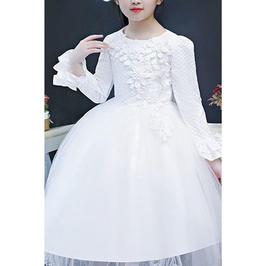 Kids Girls Pretty Flower Lace Pattern Long Sleeve Easy Round Neck Fluffy Mesh Comfortable Party Dress - C2007JPD