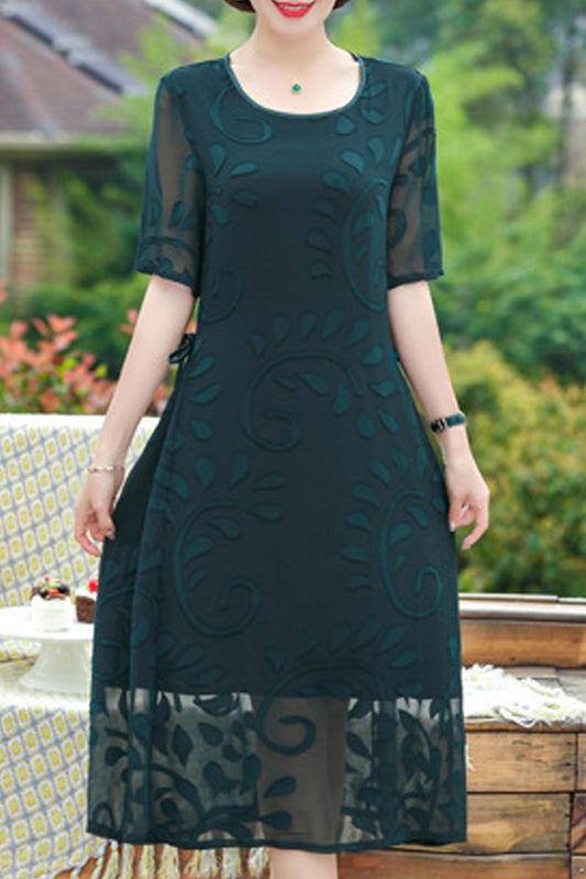 Women Round Neck Convenient Thin Short Sleeve Wonderful Mid Length Lace Embroidery Dress - WDC14352