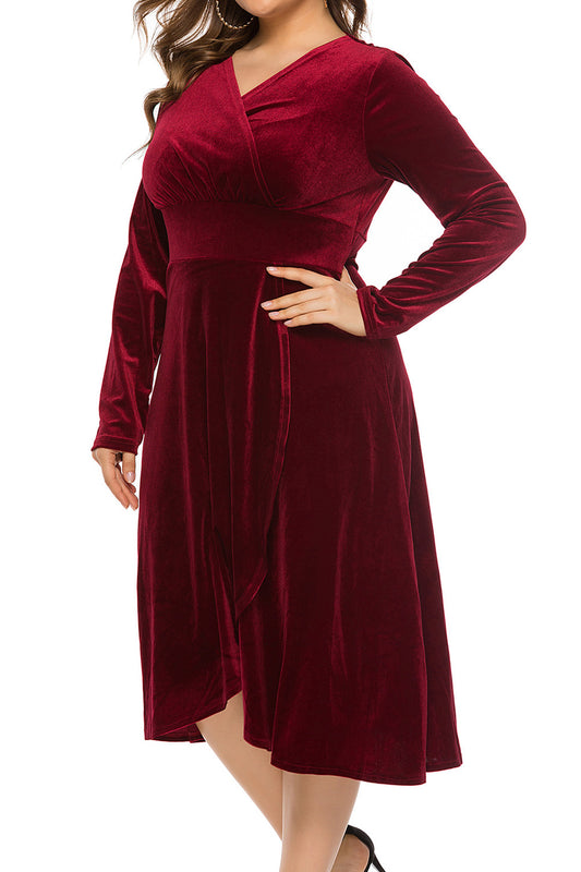 Women Plus Mid Length Smooth Long Sleeve Solid Colored Alluring Autumn Dress - WD74952