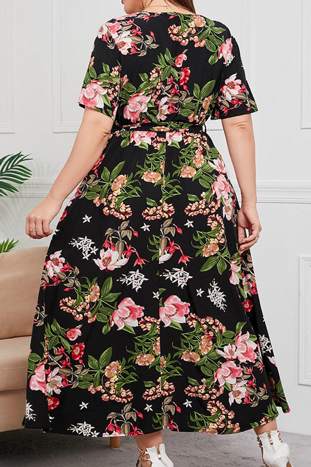Women Plus Floral Print Short Sleeve Chiffon Maxi Dress-WPD119719
