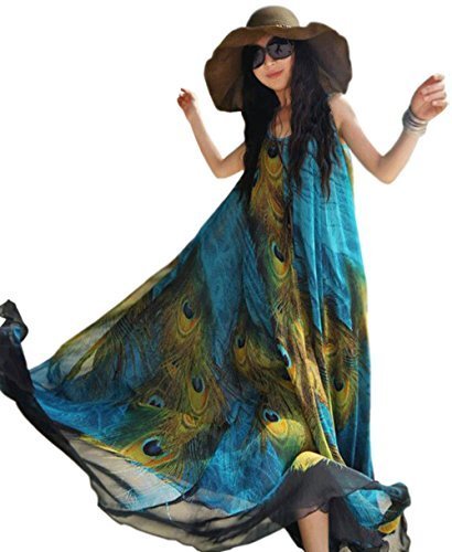 Ketty More Women Plus Size Loose Fitting Long Peacock Feather Printed Gown Dress-KMWD399