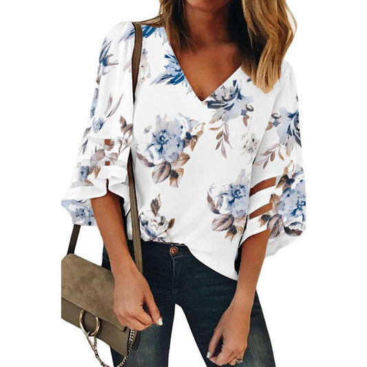 Women Amazing Floral Pattern Half Sleeve V-Neck Comfortable Casual Pullover Shirt - C13834USB