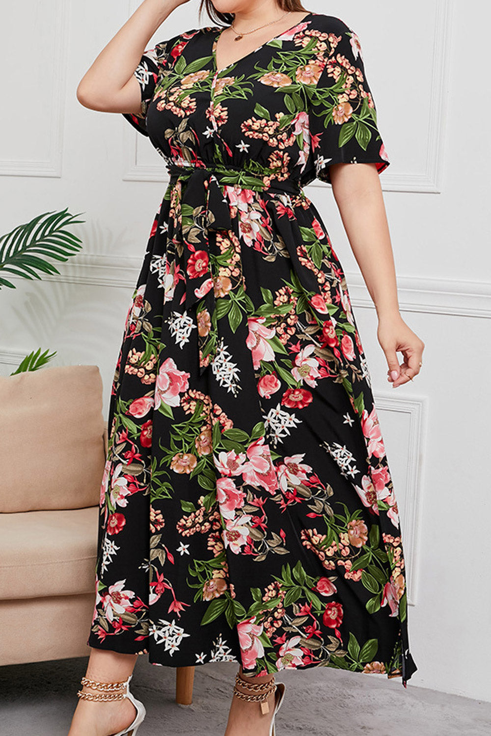 Women Plus Floral Print Short Sleeve Chiffon Maxi Dress-WPD119719