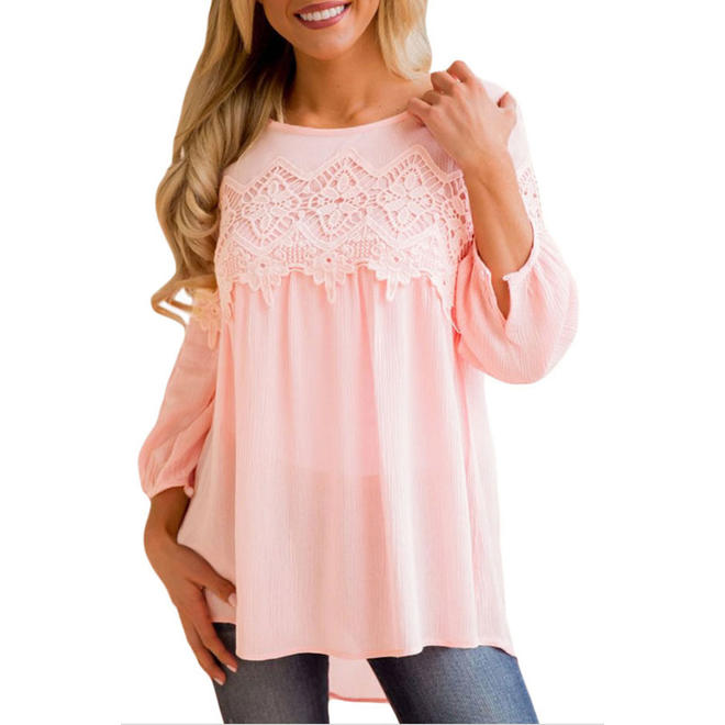 Women Long Sleeve Round Neck Casual Lace Top - C498KMSB