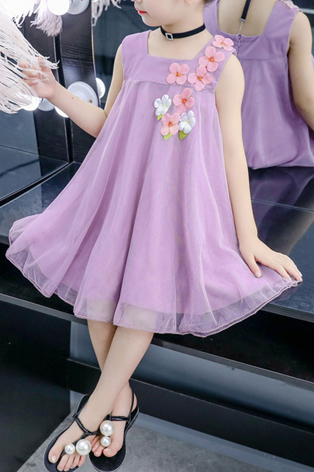 Kids Girls Thin material Soft Small Flower Decorated Bust Square Neck Dress - KGD100919