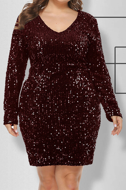 Women Elegant Sequins Decorated Round Neck Long Sleeve Above Knee Length Party Dress - C12708TCD