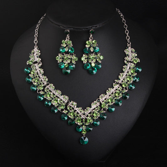 Crystal Necklace Earrings Jewelry Set Bridal Wedding Party Green Shiny Exquisite for Dates Parties